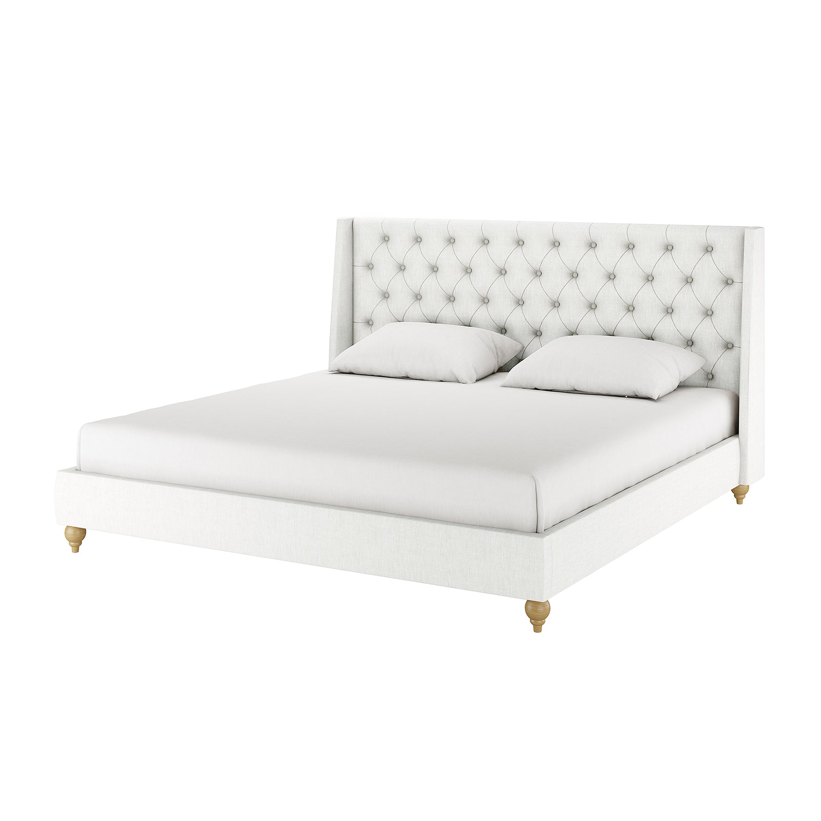 Vilania Tufted Fabric Bed Frame - King - Off White featuring a tufted wing-back headboard, short turned wooden legs, and a clean, contemporary design with two white pillows on the mattress.