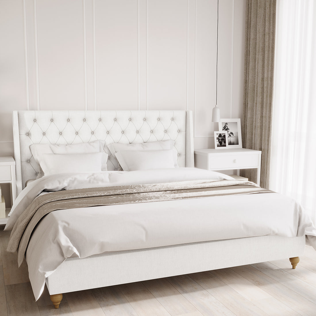 Vilania Tufted Fabric Bed Frame - King - Off White features a tall, tufted headboard in a serene bedroom with white linens, a neutral throw, and matching white bedside tables.