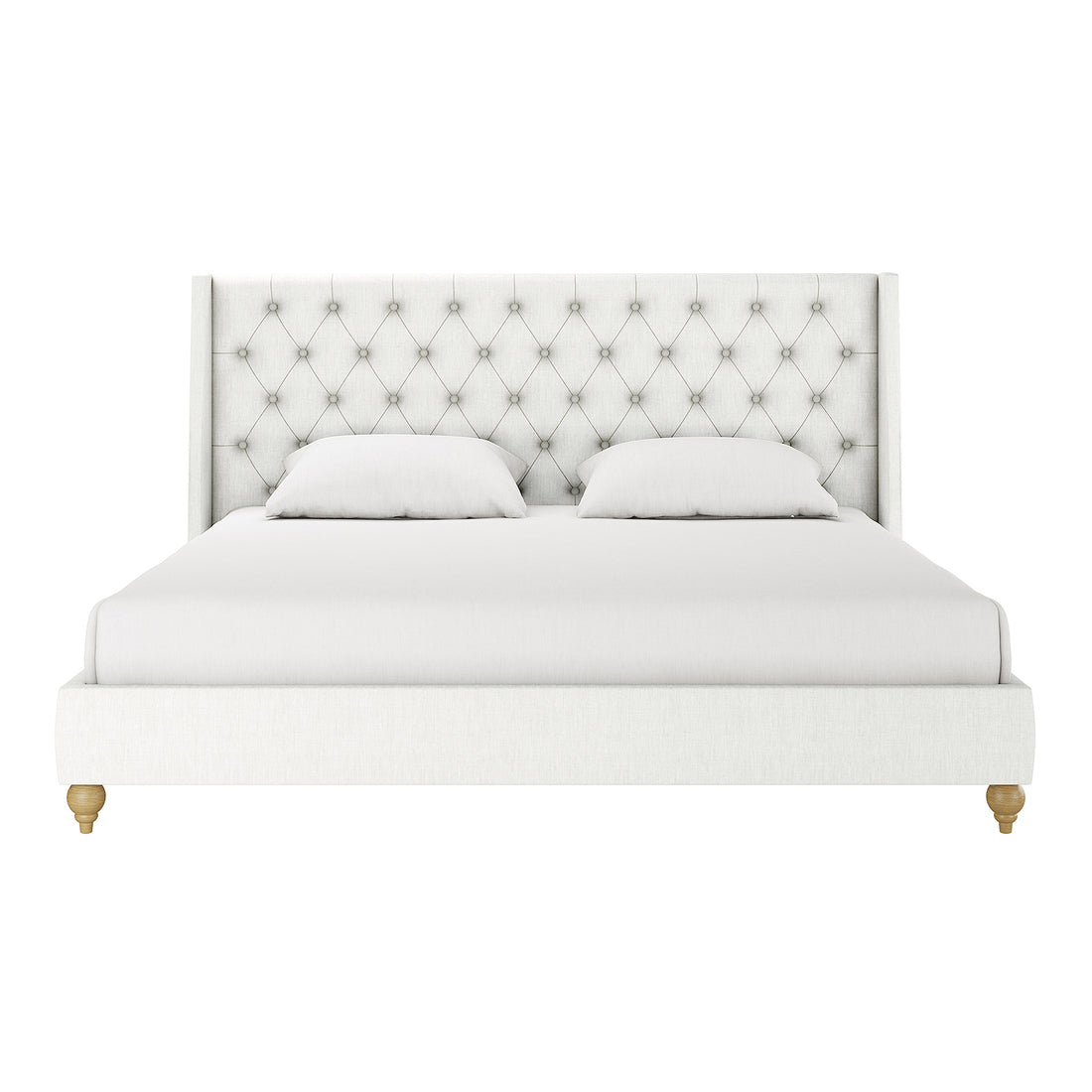Vilania Tufted Fabric Bed Frame - King features an off-white, diamond-tufted wing-back headboard and white upholstered platform, complemented by turned wooden feet in a light finish, showcasing luxury and elegance.