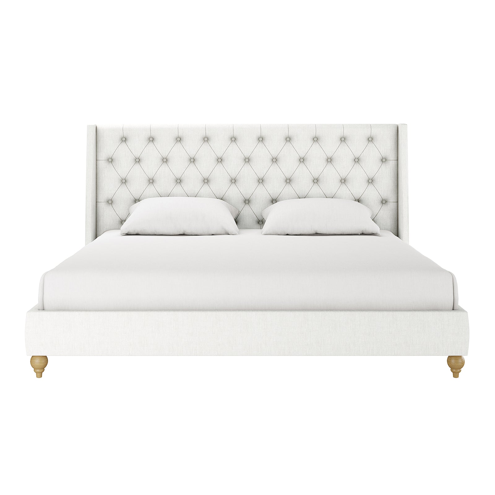 Vilania Tufted Fabric Bed Frame - King features an off-white, diamond-tufted wing-back headboard and white upholstered platform, complemented by turned wooden feet in a light finish, showcasing luxury and elegance.