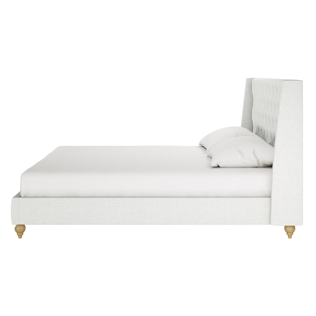 Vilania Tufted Fabric Bed Frame - King - Off White, featuring a plush, tufted headboard and sleek profile, shown in a side view against a plain white background.