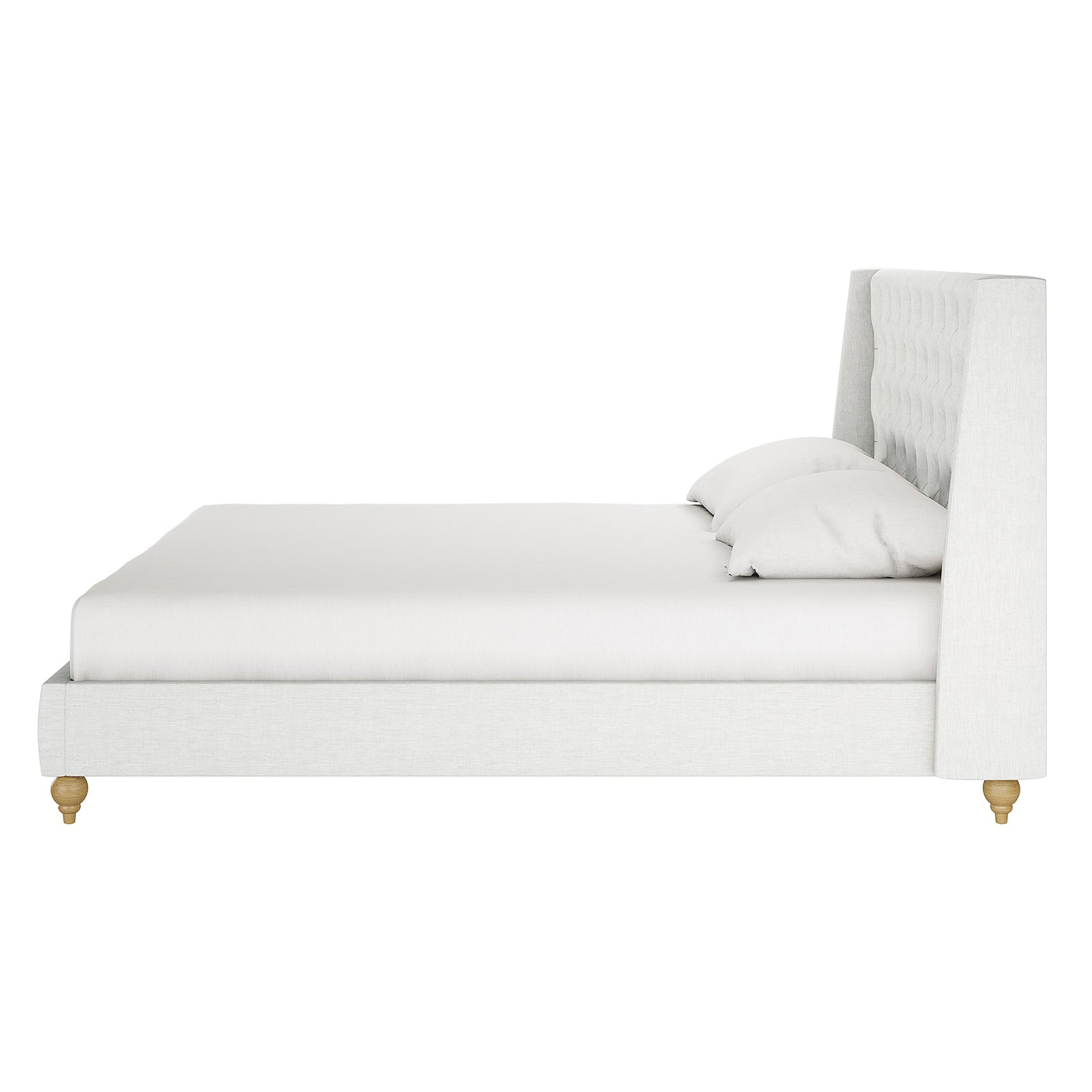 Vilania Tufted Fabric Bed Frame - King - Off White, featuring a plush, tufted headboard and sleek profile, shown in a side view against a plain white background.