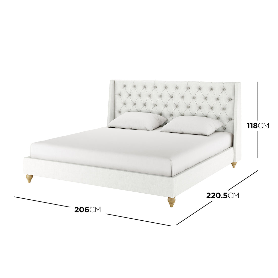 Vilania Tufted Fabric Bed Frame - King, showcases a tall, button-tufted headboard, off-white upholstery, and turned wooden legs. Includes illustration mattress and pillows. Dimensions: Height 118cm, Depth 206cm, Width 220.5cm.