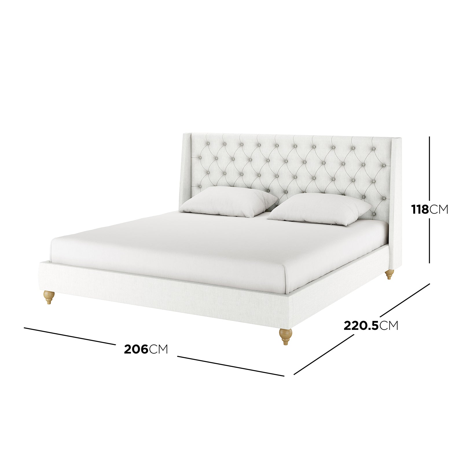 Vilania Tufted Fabric Bed Frame - King, showcases a tall, button-tufted headboard, off-white upholstery, and turned wooden legs. Includes illustration mattress and pillows. Dimensions: Height 118cm, Depth 206cm, Width 220.5cm.