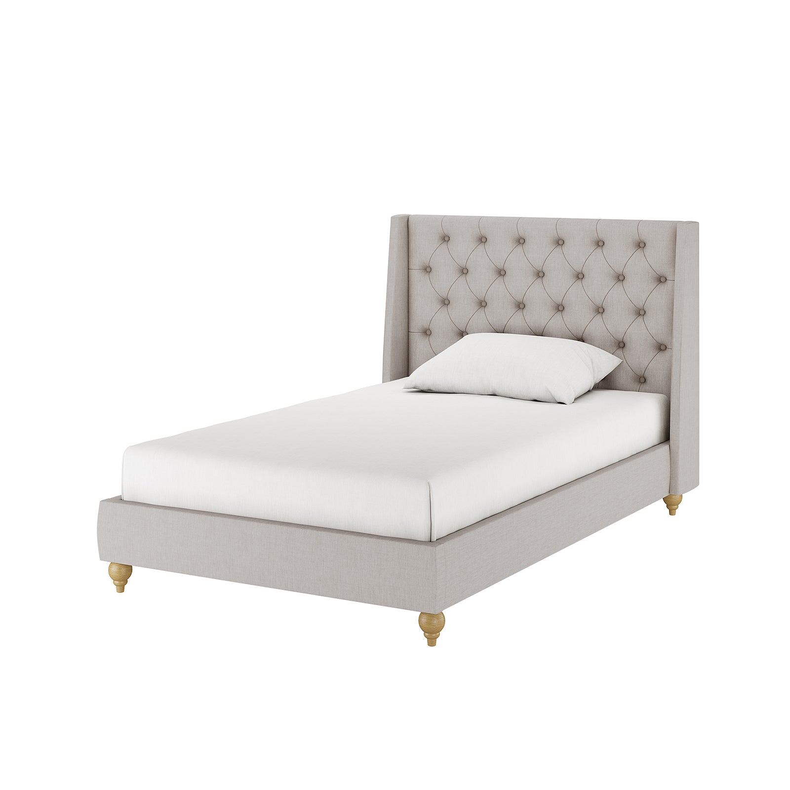 Vilania Tufted Fabric Bed Frame - King Single displayed, featuring a tufted headboard and integrated slat system, providing a blend of elegance and functionality. Pillow and sheets visible but not included.