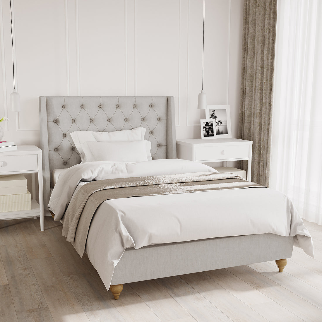 Vilania Tufted Fabric Bed Frame - King Single - Grey, showcasing elegant tufted upholstery and solid wood construction, ideal for modern homes. Headboard features classic tufting, enhancing bedroom sophistication.
