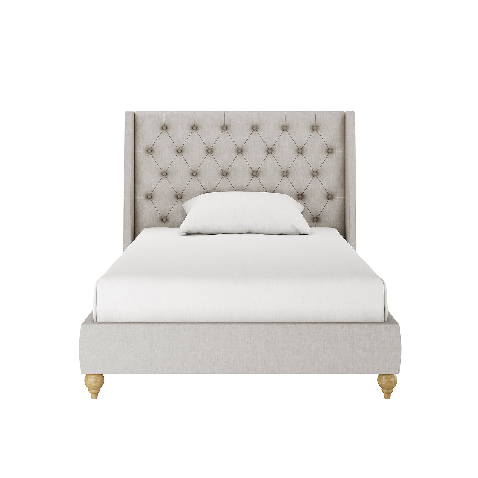 Vilania Tufted Fabric Bed Frame - King Single - Grey, featuring a tufted headboard and solid wood frame, showcased without a mattress or accessories, on a white bedding setting.