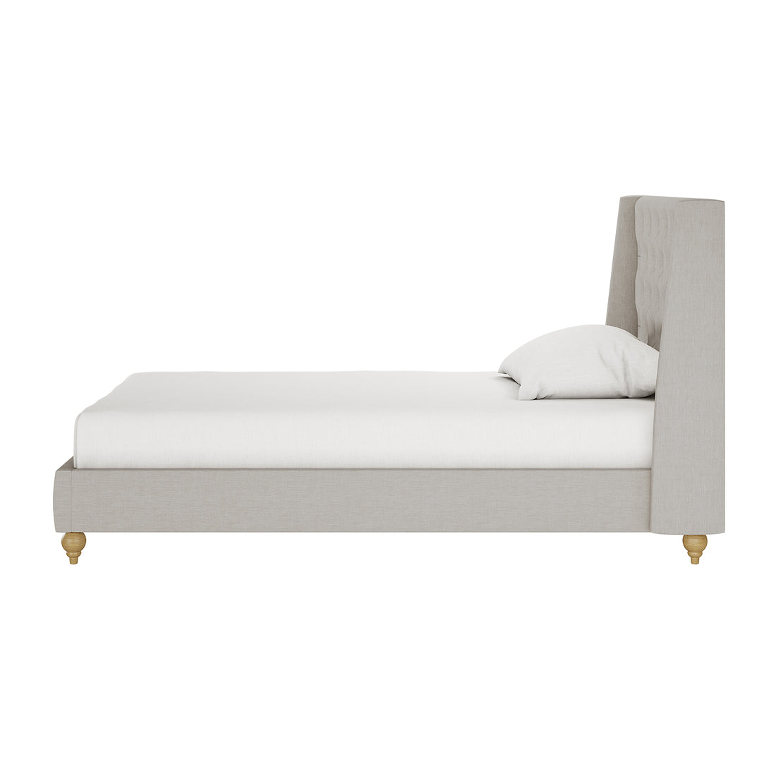 Vilania Tufted Fabric Bed Frame - King Single - Grey, featuring elegant tufted upholstery and a sturdy wood frame, positioned with a white pillow on the bed.