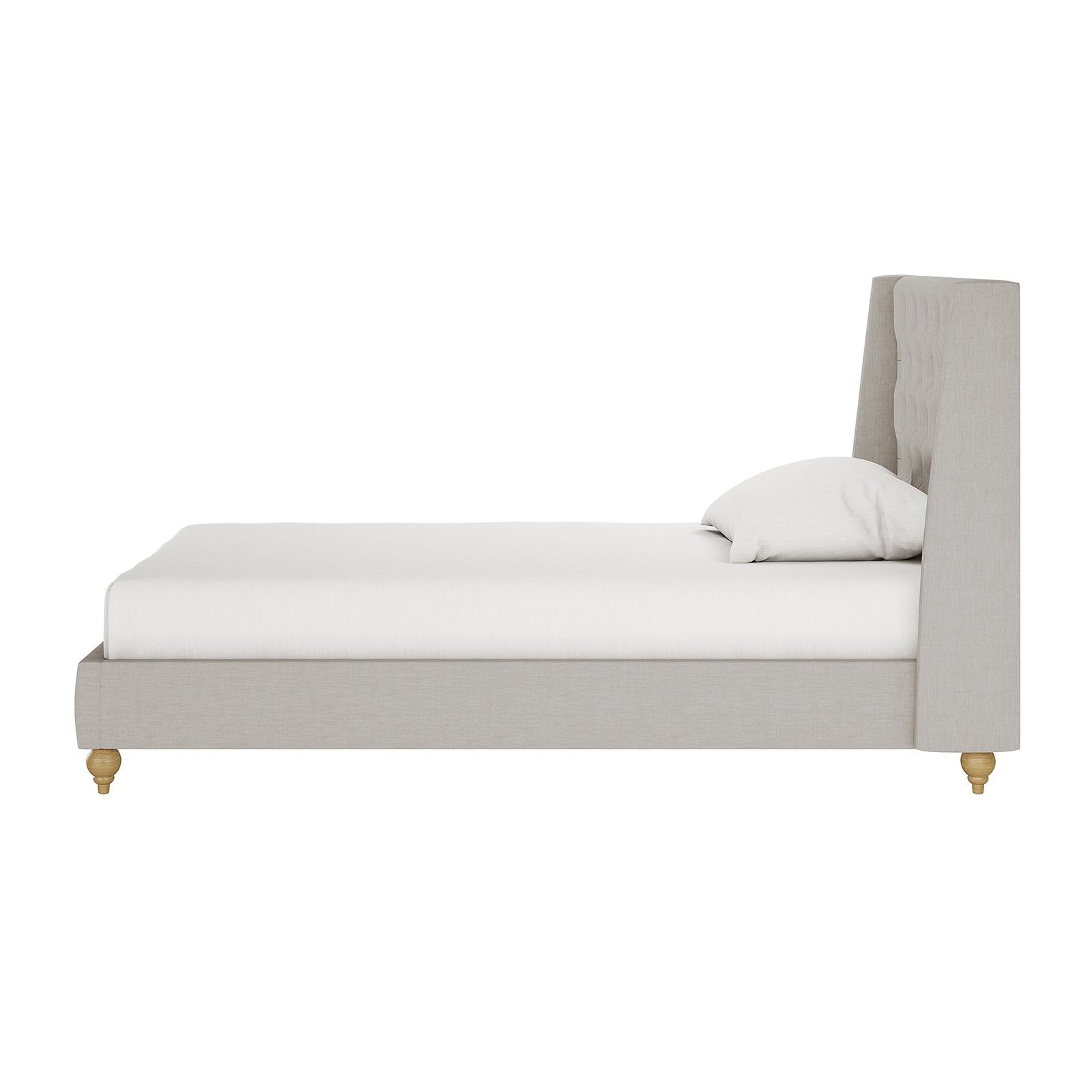 Vilania Tufted Fabric Bed Frame - King Single - Grey, featuring elegant tufted upholstery and a sturdy wood frame, positioned with a white pillow on the bed.