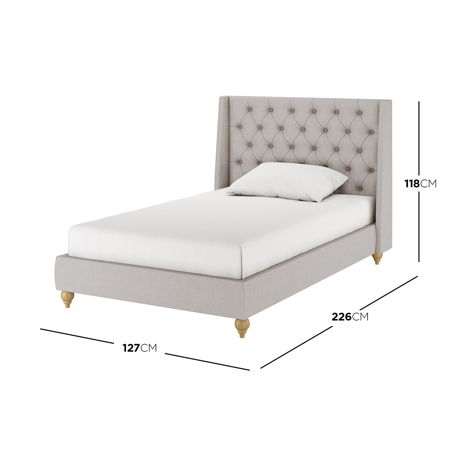 Vilania Tufted Fabric Bed Frame - King Single - Grey displayed with a white pillow, showcasing its tufted headboard and luxurious upholstery, highlighting its stylish and functional design. Pillow and accessories not included.