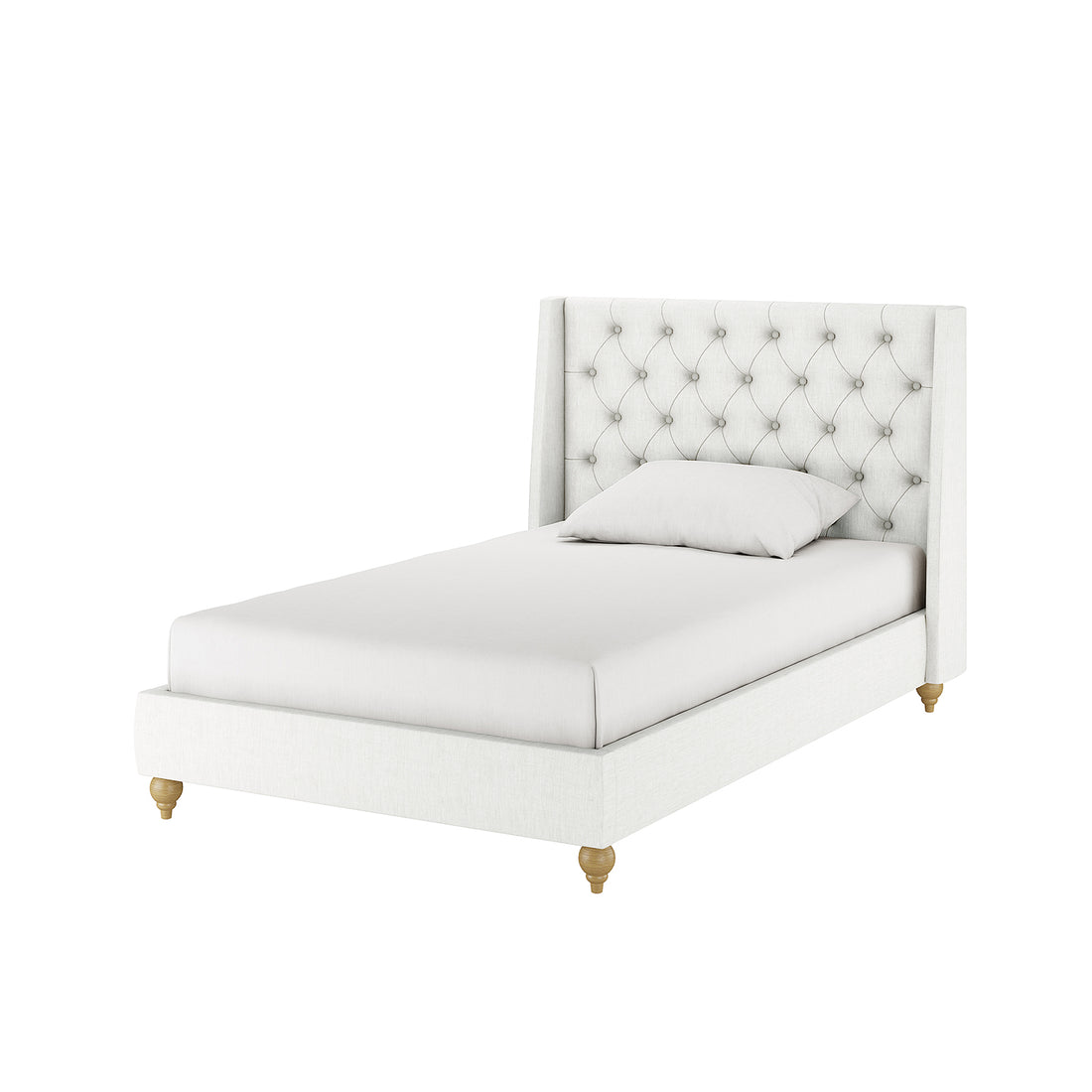 Vilania Tufted Fabric Bed Frame - King Single, featuring a plush tufted headboard and an off-white upholstered finish, shown with a white pillow on a neatly made bed.