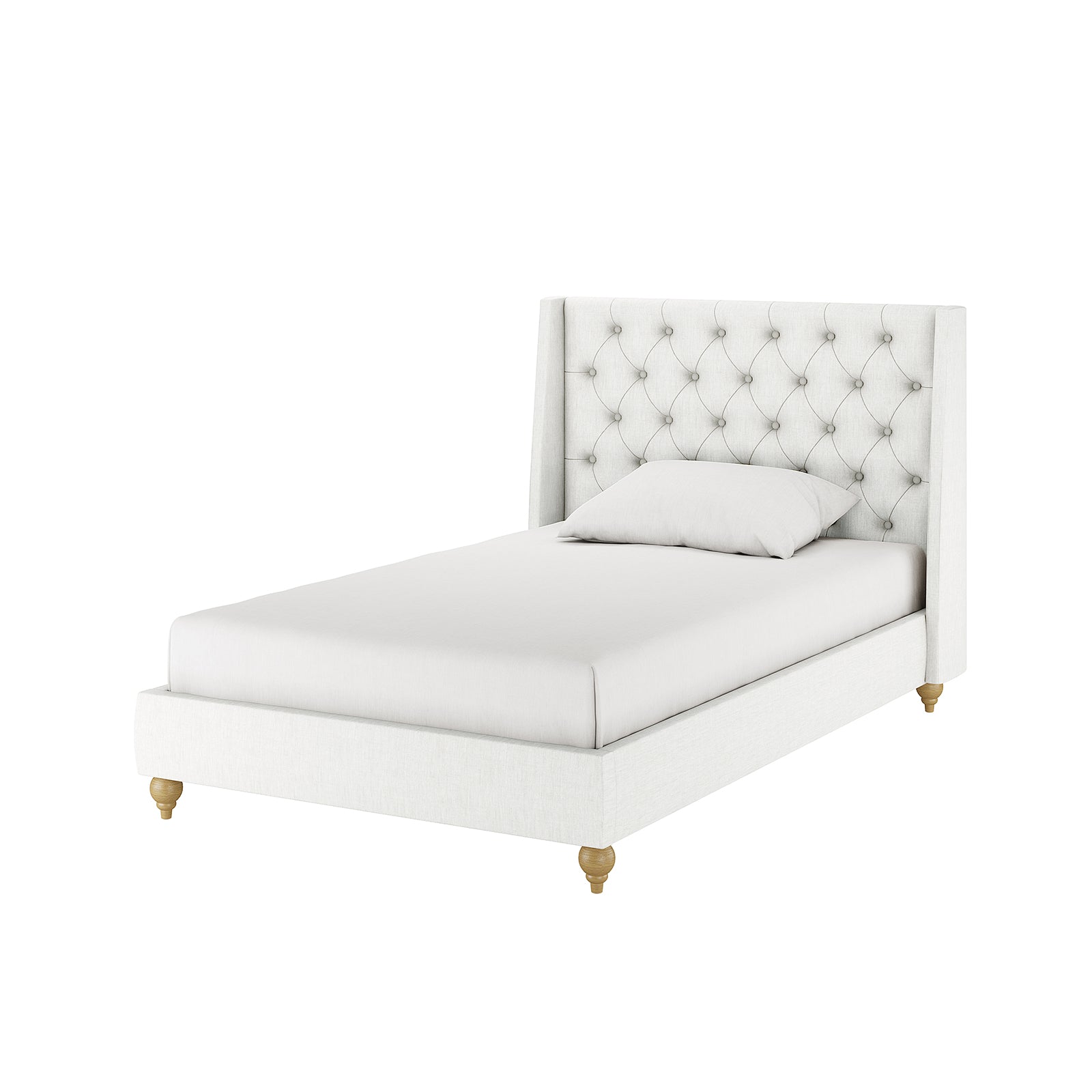 Vilania Tufted Fabric Bed Frame - King Single, featuring a plush tufted headboard and an off-white upholstered finish, shown with a white pillow on a neatly made bed.