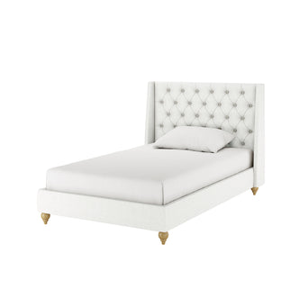 Vilania Tufted Fabric Bed Frame - King Single, featuring a plush tufted headboard and an off-white upholstered finish, shown with a white pillow on a neatly made bed.
