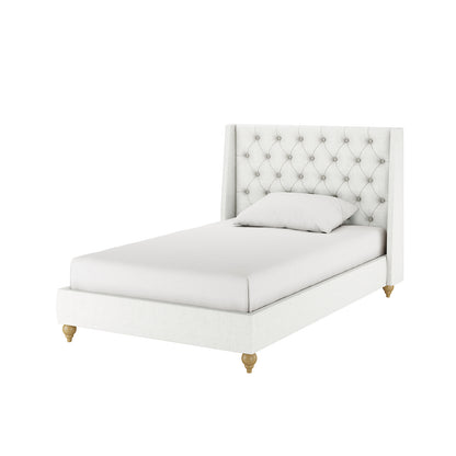 Vilania Tufted Fabric Bed Frame - King Single, featuring a plush tufted headboard and an off-white upholstered finish, shown with a white pillow on a neatly made bed.