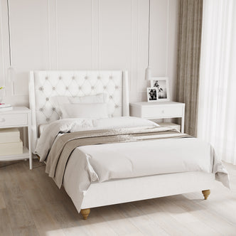 Vilania Tufted Fabric Bed Frame - King Single, featuring a plush tufted headboard and elegant off-white fabric upholstery, emphasizing its luxurious design and solid wood construction for a stylish, sturdy addition to any bedroom.