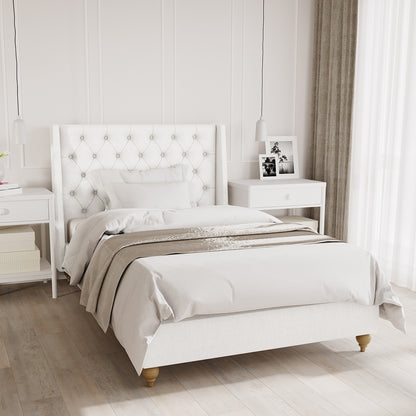 Vilania Tufted Fabric Bed Frame - King Single, featuring a plush tufted headboard and elegant off-white fabric upholstery, emphasizing its luxurious design and solid wood construction for a stylish, sturdy addition to any bedroom.