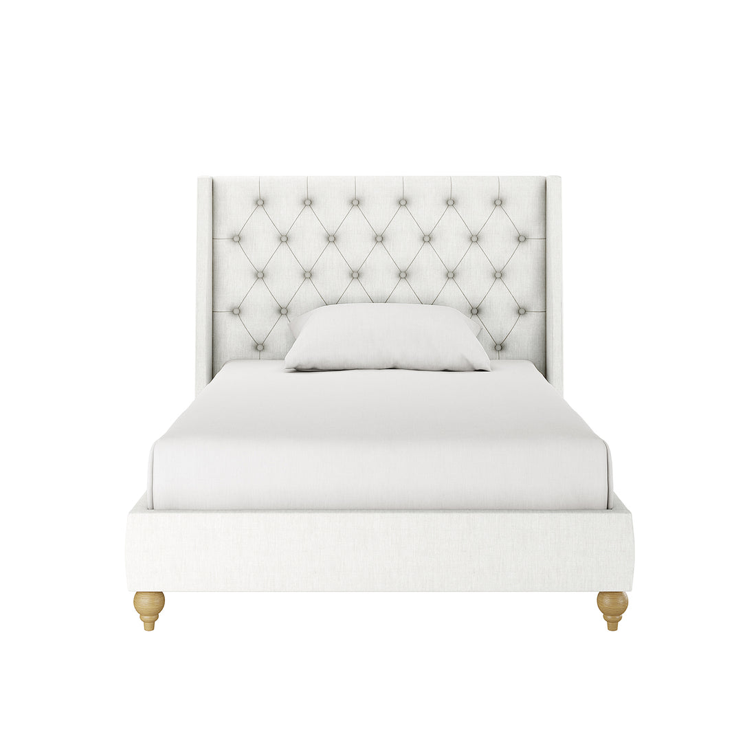 Vilania Tufted Fabric Bed Frame - King Single, showcasing an off-white tufted headboard on a sturdy wood frame, ideal for enhancing bedroom elegance. Pillow and bedding accessories not included.