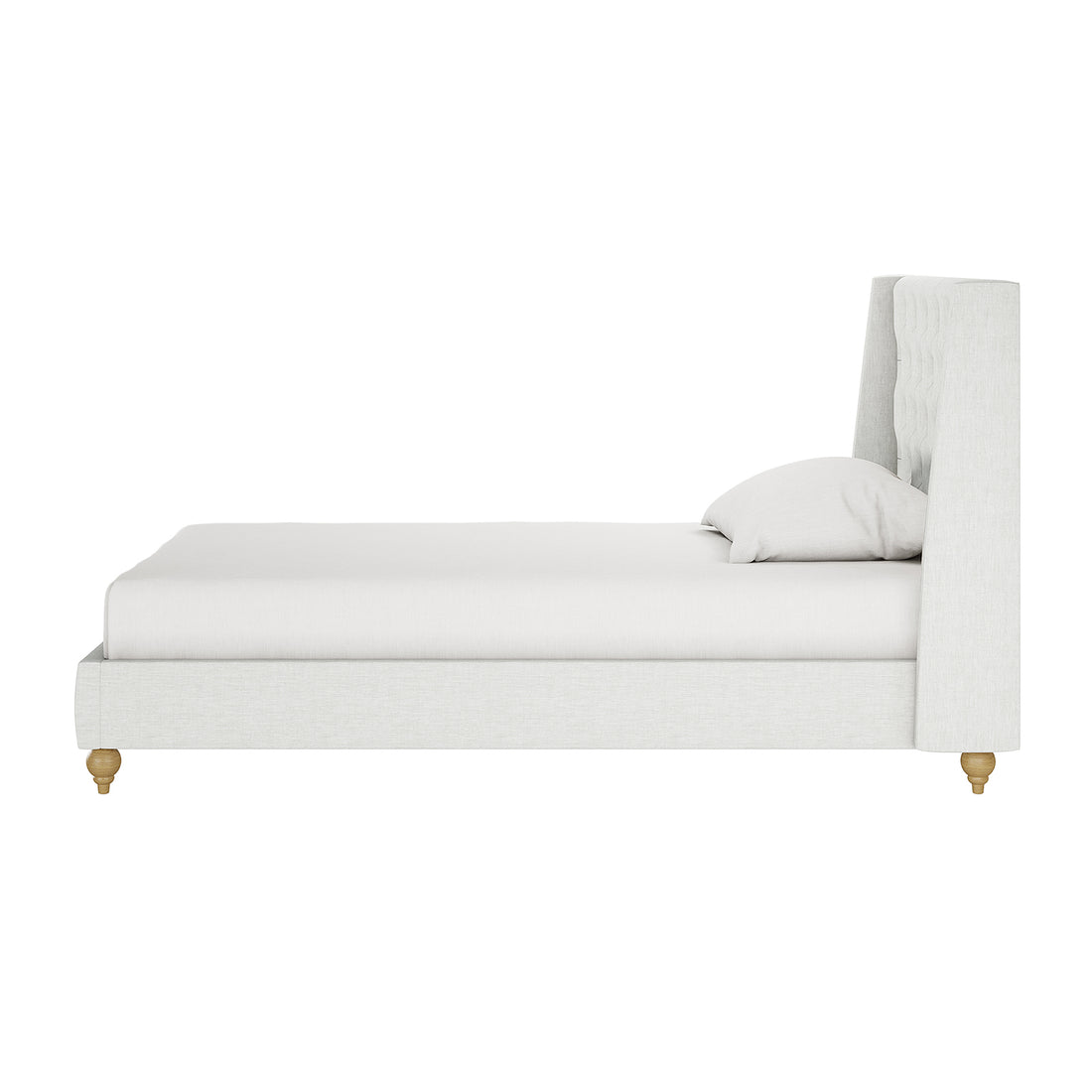 Vilania Tufted Fabric Bed Frame - King Single - Off White, showcasing its elegant tufted headboard and sturdy construction, placed in a bedroom setting with a pillow accentuating its plush design.