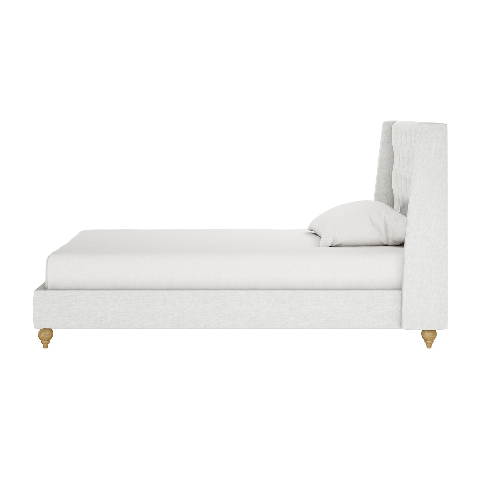 Vilania Tufted Fabric Bed Frame - King Single - Off White, showcasing its elegant tufted headboard and sturdy construction, placed in a bedroom setting with a pillow accentuating its plush design.