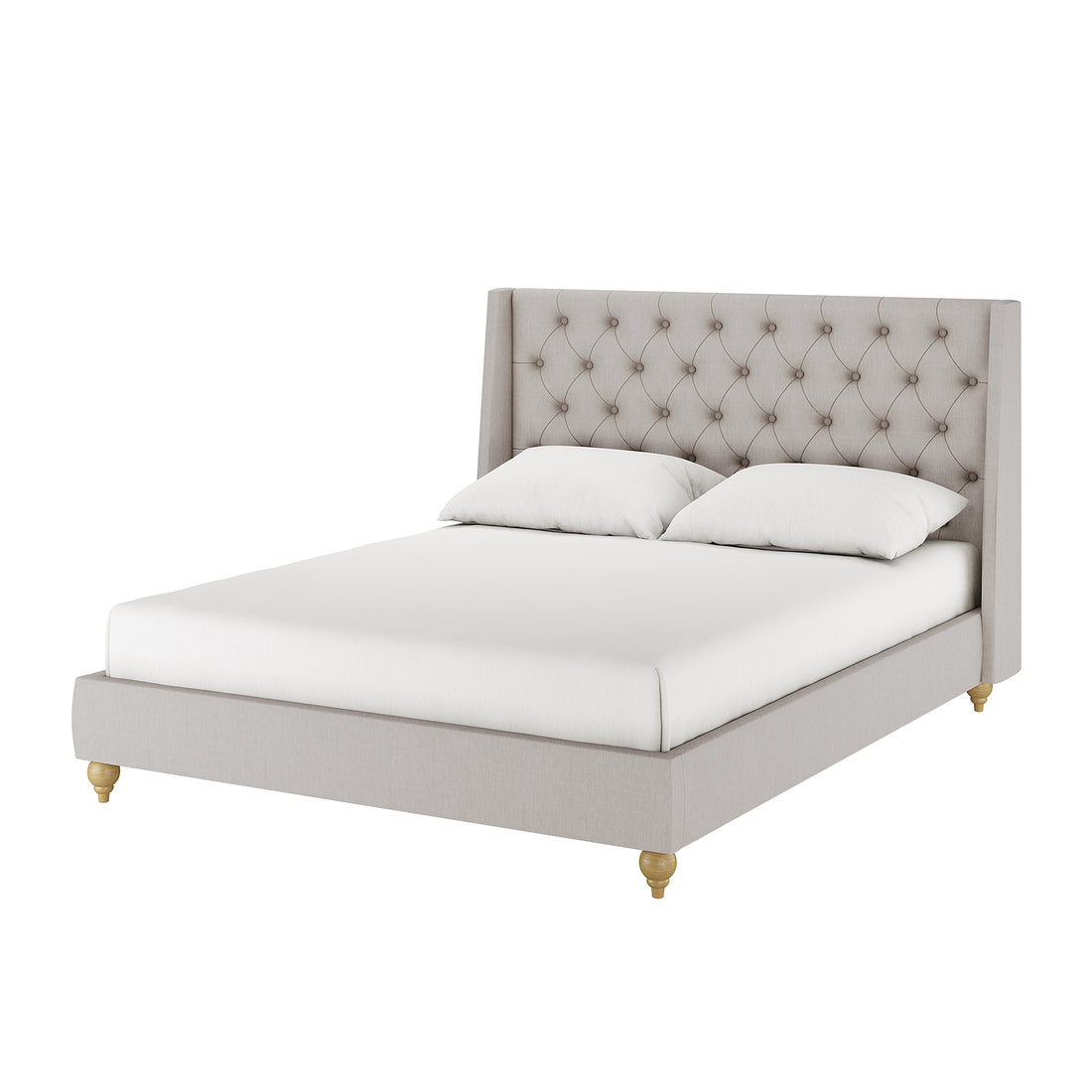 Vilania Tufted Fabric Bed Frame - Queen - Grey features a plush tufted headboard and solid wood construction, shown with a white pillow on a neatly made bed.