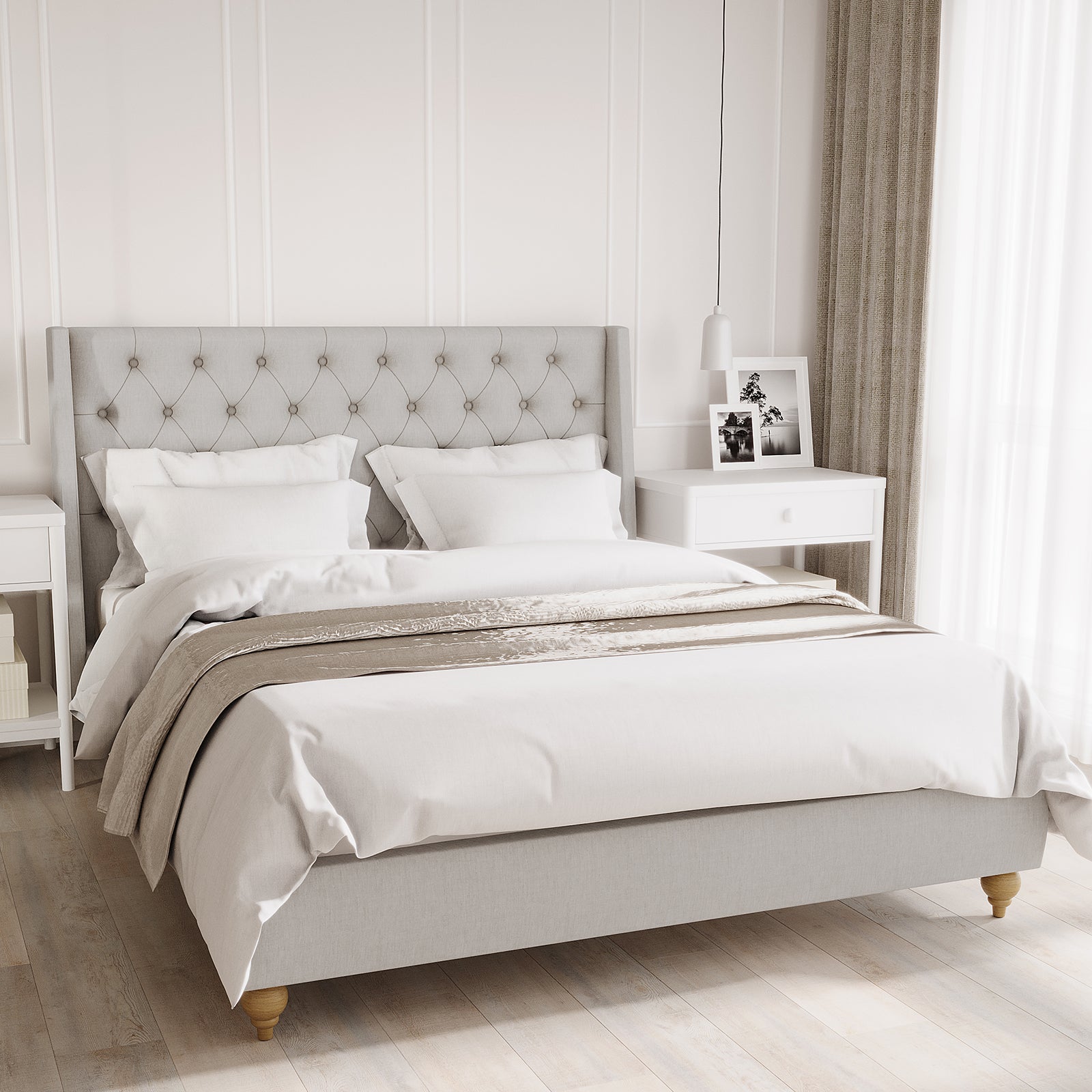 Vilania Tufted Fabric Bed Frame - Queen - Grey, displayed in a bedroom setting with a plush tufted headboard, showcasing its elegant design and solid wood construction alongside nearby bedding and linens.