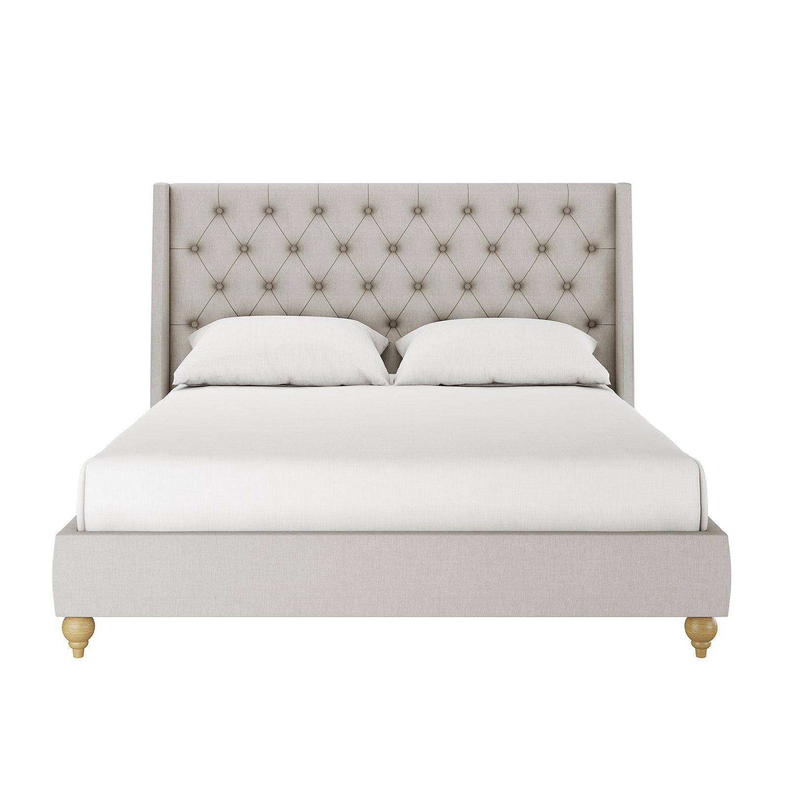 Vilania Tufted Fabric Bed Frame - Queen - Grey features a plush tufted headboard and visible grey fabric finish, showcasing elegant design and solid wood durability. Pillows and white sheets adorn the bed.