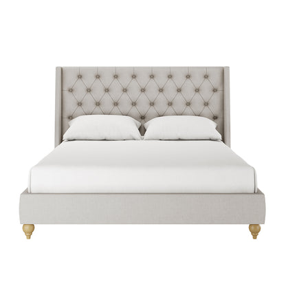 Vilania Tufted Fabric Bed Frame - Queen - Grey features a plush tufted headboard and visible grey fabric finish, showcasing elegant design and solid wood durability. Pillows and white sheets adorn the bed.