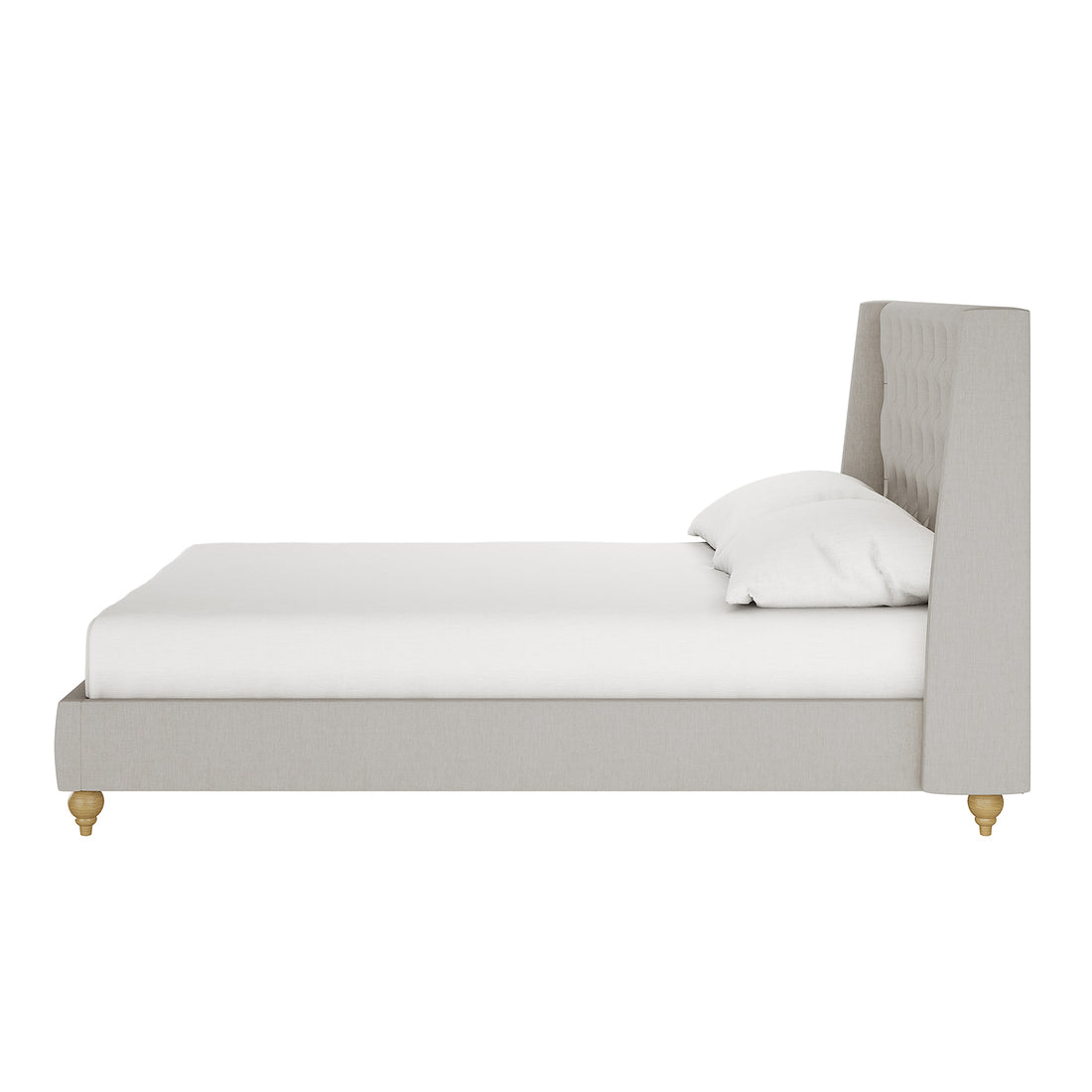 Vilania Tufted Fabric Bed Frame - Queen - Grey featuring a plush tufted headboard and durable wood frame, showcased with white sheets and pillows, highlighting its elegant and sophisticated design.