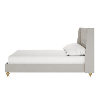 Vilania Tufted Fabric Bed Frame - Queen - Grey featuring a plush tufted headboard and durable wood frame, showcased with white sheets and pillows, highlighting its elegant and sophisticated design.