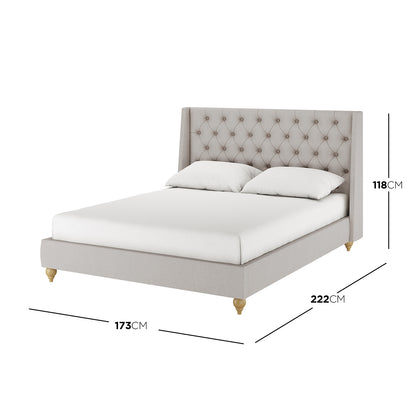 Vilania Tufted Fabric Bed Frame - Queen - Grey shown with a close-up of white pillows on a bed, highlighting its plush tufted headboard and elegant grey fabric finish.