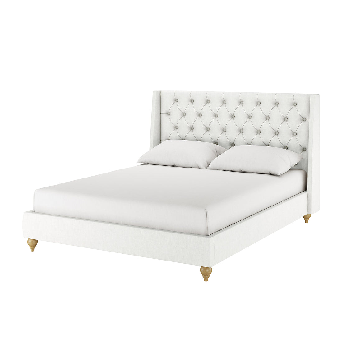 Vilania Tufted Fabric Bed Frame - Queen - Off White: A white upholstered platform bed with a tall, tufted headboard, two pillows on the mattress, and short, turned wooden legs.