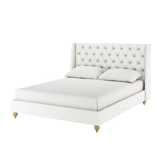Vilania Tufted Fabric Bed Frame - Queen - Off White: A white upholstered platform bed with a tall, tufted headboard, two pillows on the mattress, and short, turned wooden legs.