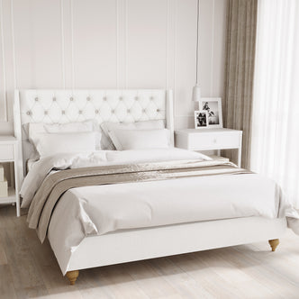 Vilania Tufted Fabric Bed Frame - Queen - Off White, features tufted headboard, upholstered in off-white fabric, centered in a serene bedroom with matching nightstands, emphasizing modern elegance and comfort.