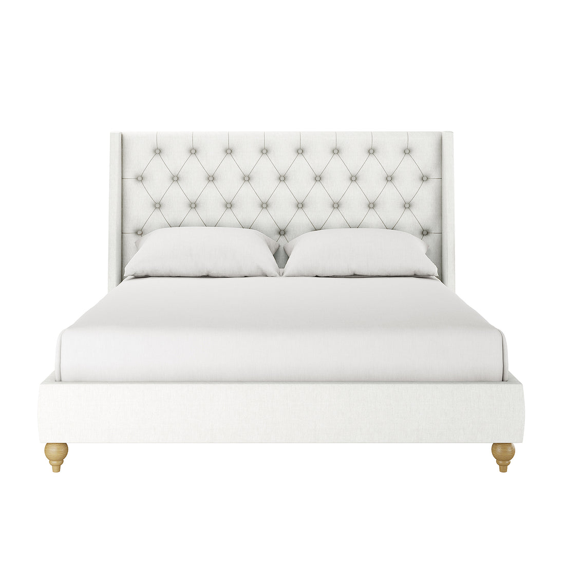 Vilania Tufted Fabric Bed Frame - Queen - Off White, featuring a tall button-tufted headboard, light upholstery, matching bedding, and wooden legs, showcasing a blend of modern and classic design.