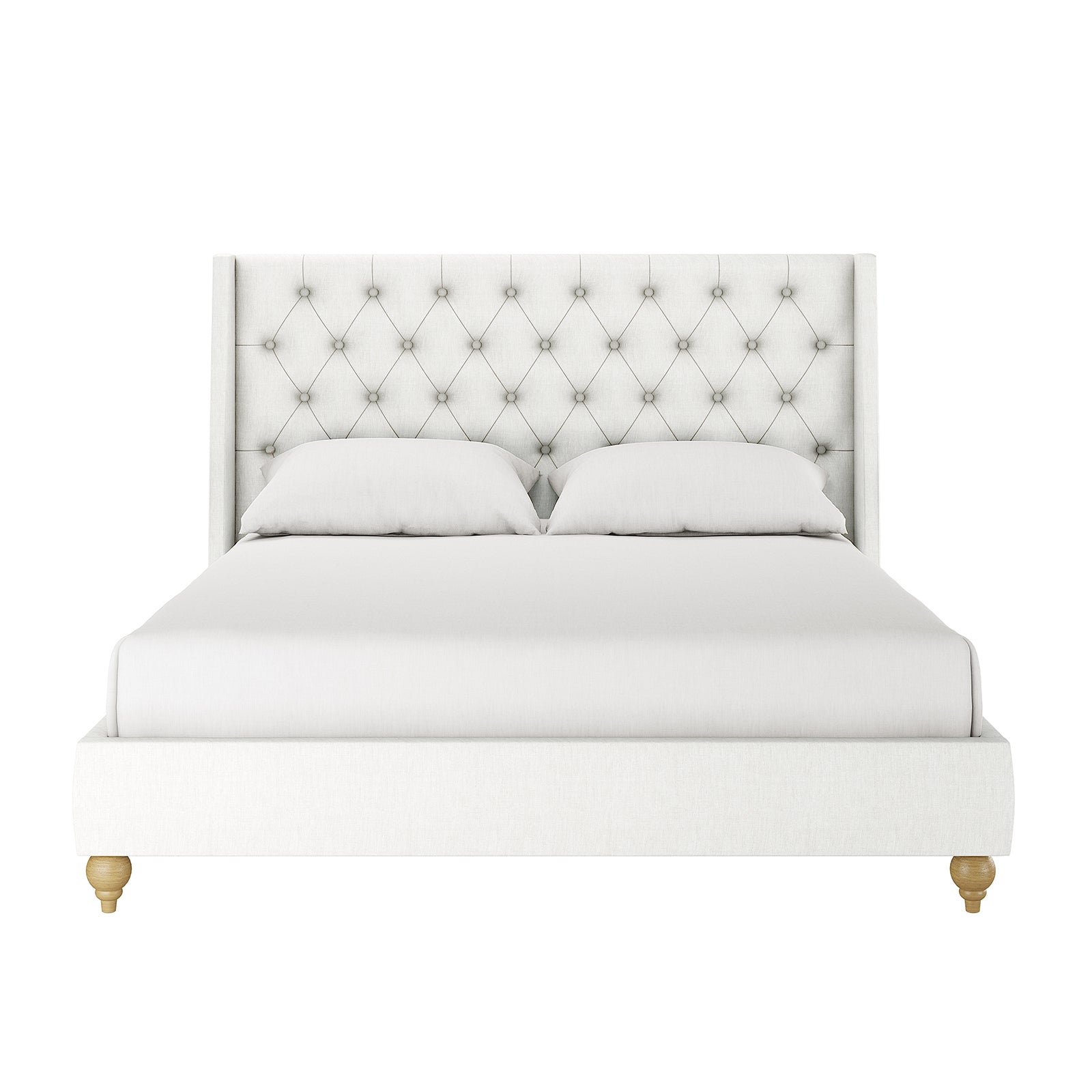 Vilania Tufted Fabric Bed Frame - Queen - Off White, featuring a tall button-tufted headboard, light upholstery, matching bedding, and wooden legs, showcasing a blend of modern and classic design.
