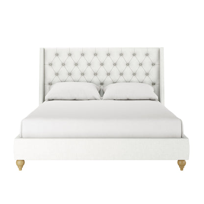 Vilania Tufted Fabric Bed Frame - Queen - Off White, featuring a tall button-tufted headboard, light upholstery, matching bedding, and wooden legs, showcasing a blend of modern and classic design.