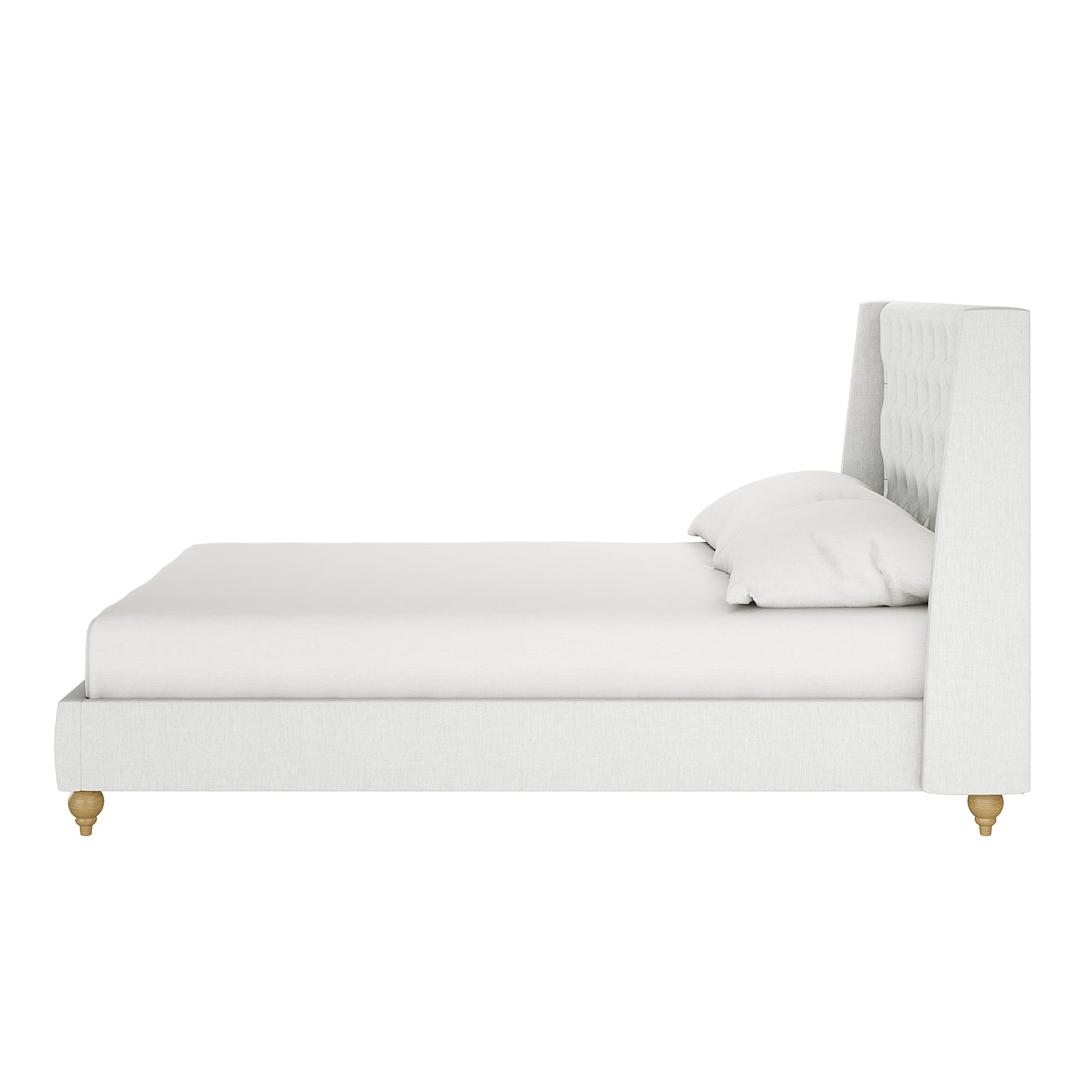 Vilania Tufted Fabric Bed Frame in Queen size showcases a side-profile of its off-white tufted headboard with wing-style sides, resting on low, turned wooden legs, featuring a sophisticated, modern design.