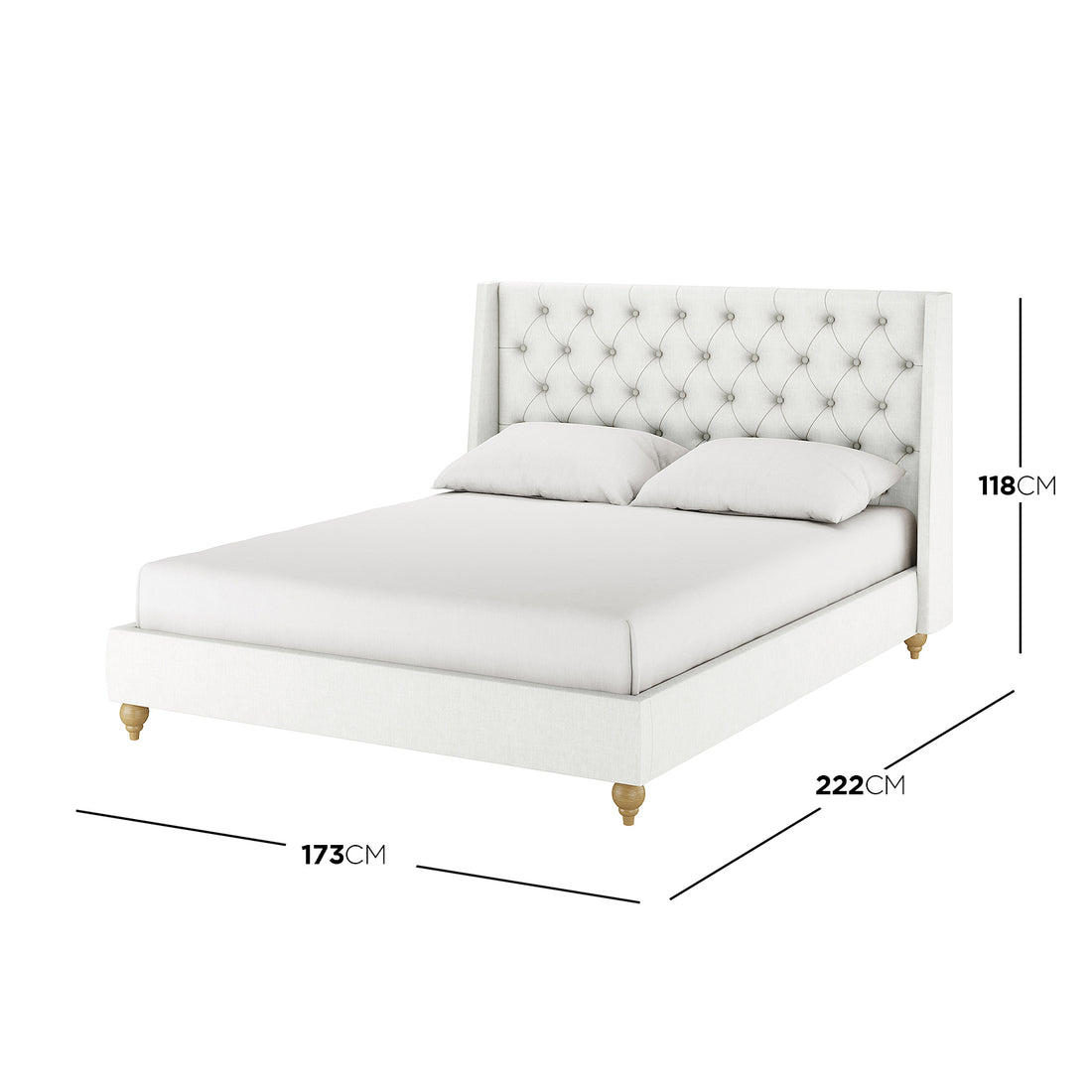 Vilania Tufted Fabric Bed Frame - Queen, featuring a high, button-tufted wing-back headboard, low side rails, turned wooden feet, and overall dimensions of 173 cm by 222 cm.