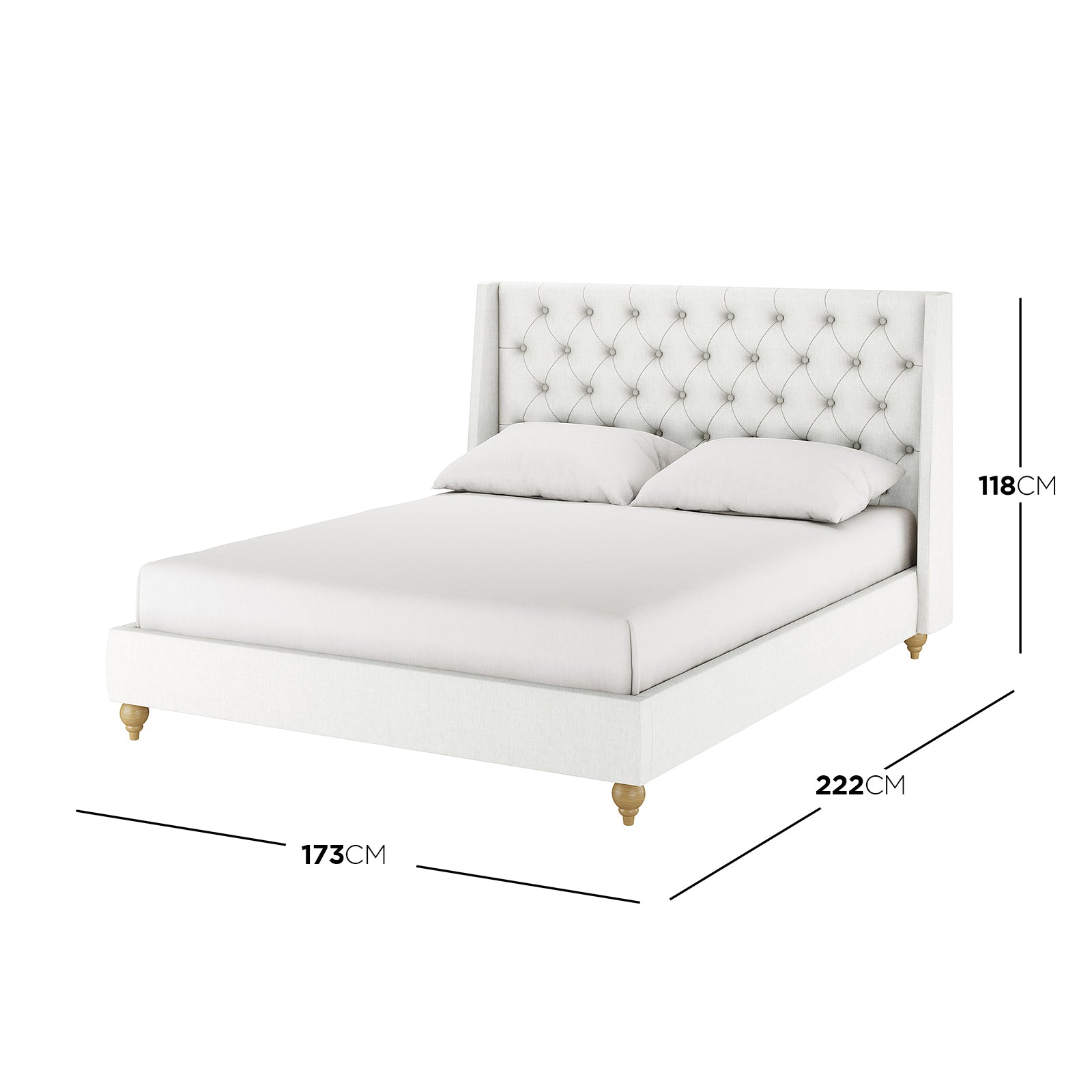 Vilania Tufted Fabric Bed Frame - Queen, featuring a high, button-tufted wing-back headboard, low side rails, turned wooden feet, and overall dimensions of 173 cm by 222 cm.