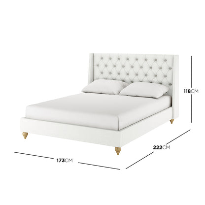 Vilania Tufted Fabric Bed Frame - Queen, featuring a high, button-tufted wing-back headboard, low side rails, turned wooden feet, and overall dimensions of 173 cm by 222 cm.