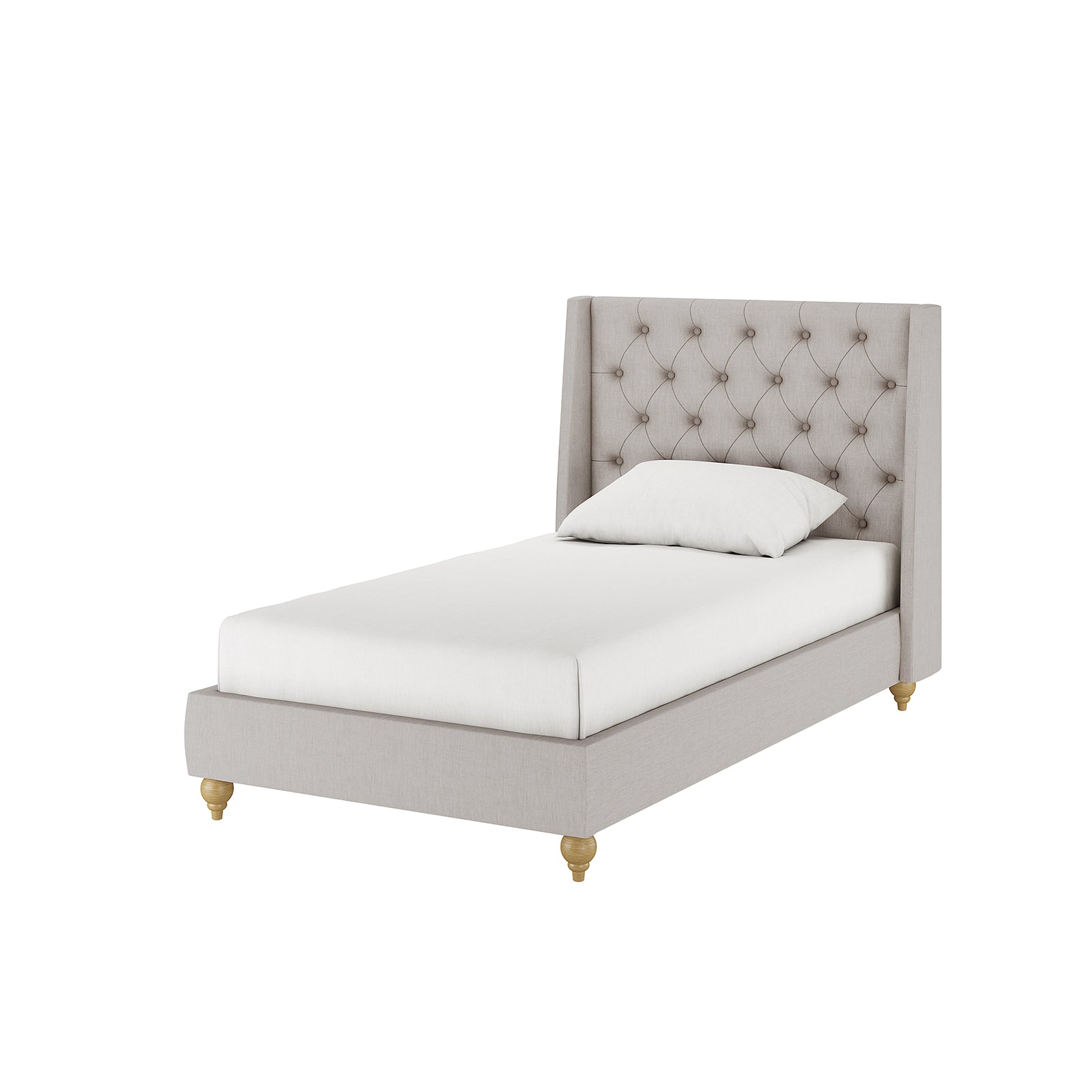 Vilania Tufted Fabric Bed Frame - Single - Grey, featuring a plush, tufted headboard and low-profile design, displayed with a white pillow on a bed, emphasizing its elegant and sophisticated appeal.
