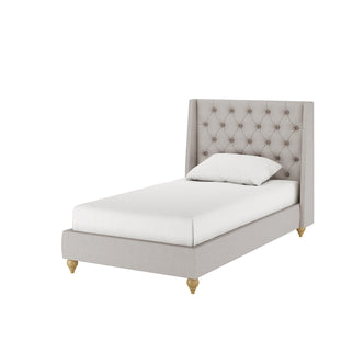 Vilania Tufted Fabric Bed Frame - Single - Grey, featuring a plush, tufted headboard and low-profile design, displayed with a white pillow on a bed, emphasizing its elegant and sophisticated appeal.