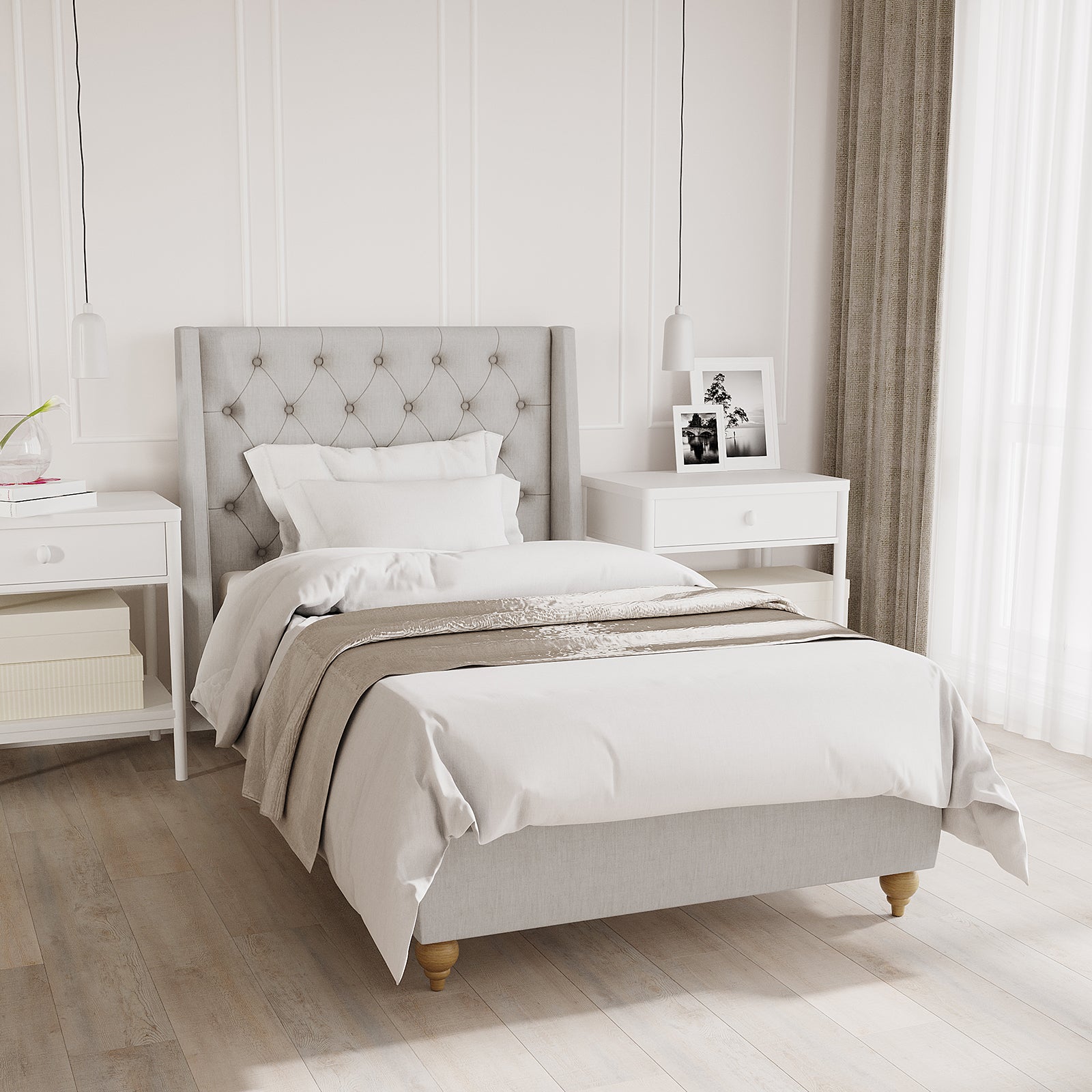 Vilania Tufted Fabric Bed Frame - Single - Grey, featuring a plush tufted headboard and solid wood frame. The image showcases the intricate fabric detailing and sturdy construction, emphasizing its elegance and comfort.