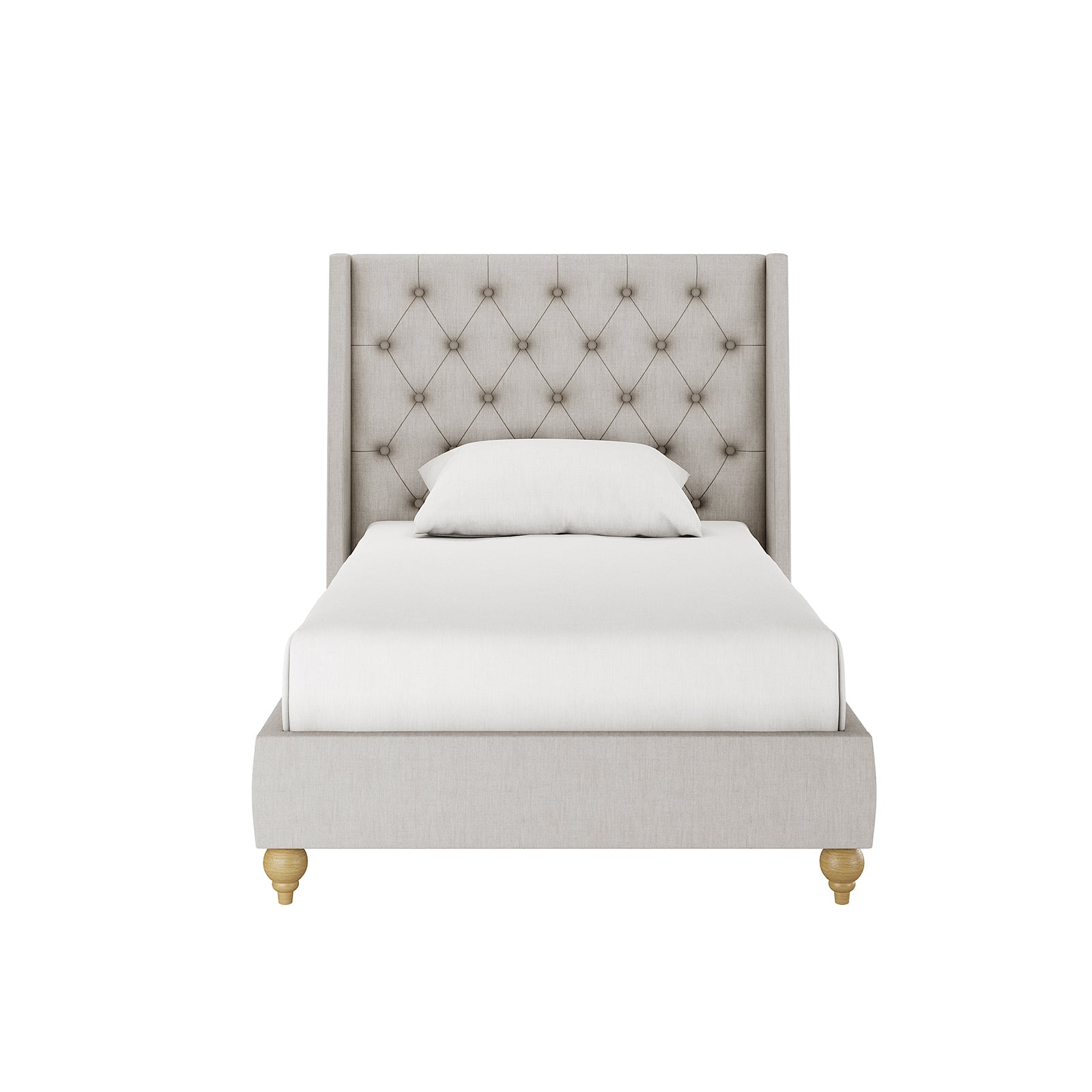 Vilania Tufted Fabric Bed Frame - Single - Grey, featuring a tufted headboard, seen with a white pillow on a bed in a minimalist setting, showcasing its elegant design and solid construction.