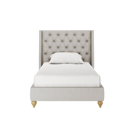 Vilania Tufted Fabric Bed Frame - Single - Grey, featuring a tufted headboard, seen with a white pillow on a bed in a minimalist setting, showcasing its elegant design and solid construction.