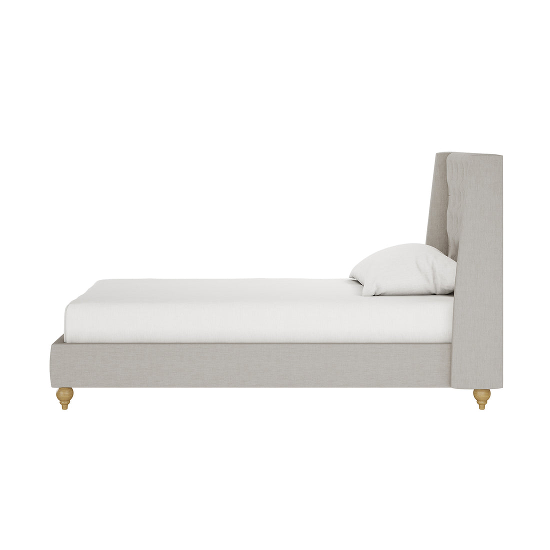 Vilania Tufted Fabric Bed Frame - Single - Grey, featuring a tufted headboard and sturdy wood frame, displayed in a stylish bedroom setting with a chair and pillow nearby.