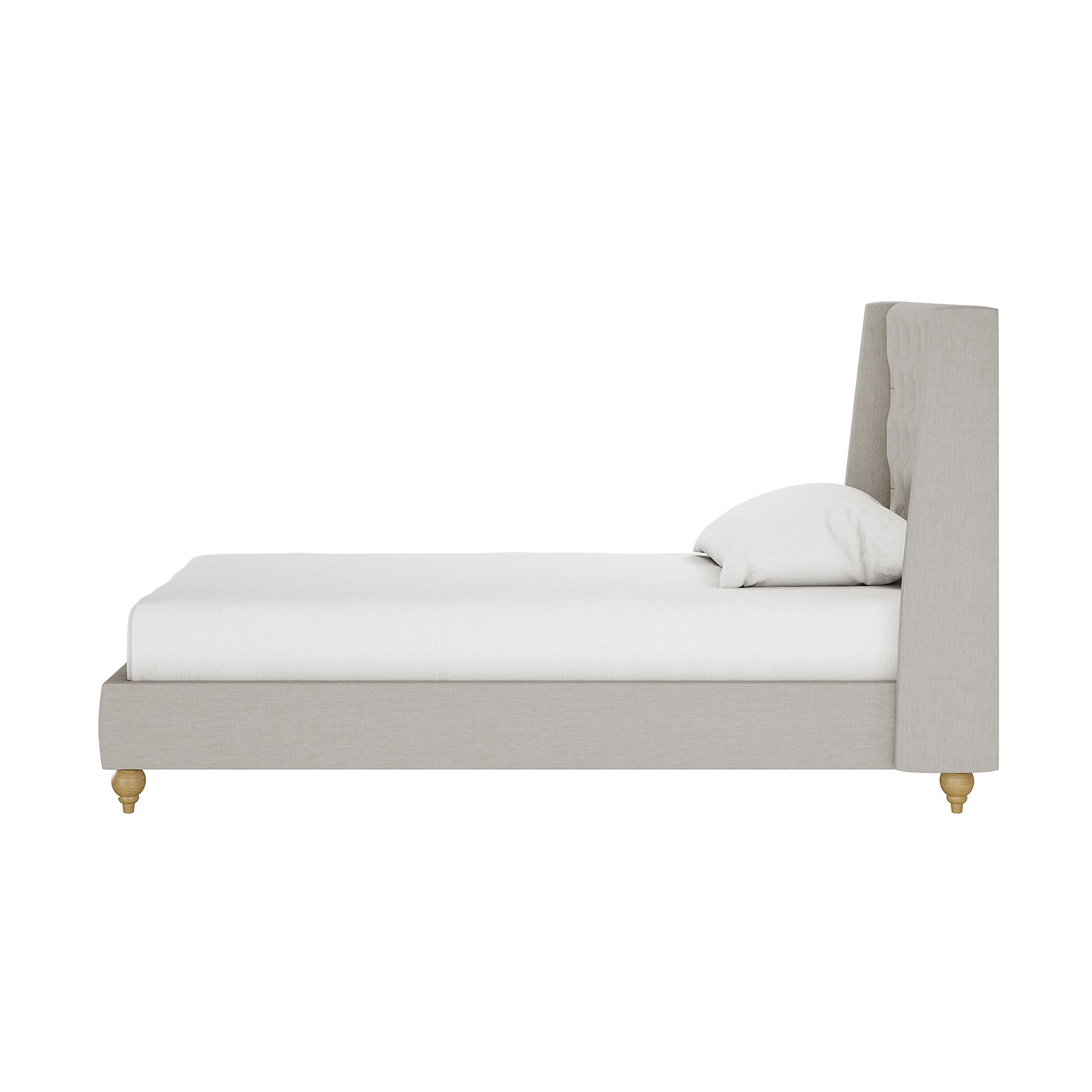 Vilania Tufted Fabric Bed Frame - Single - Grey, featuring a tufted headboard and sturdy wood frame, displayed in a stylish bedroom setting with a chair and pillow nearby.