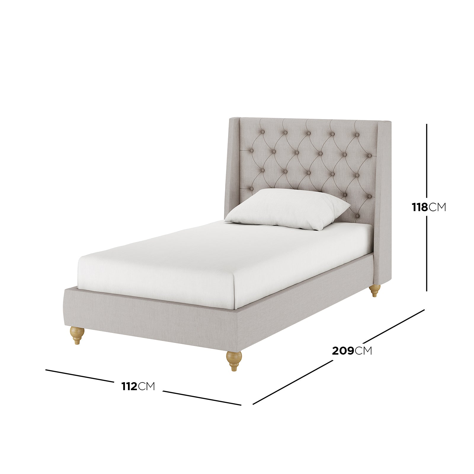 Vilania Tufted Fabric Bed Frame - Single - Grey, featuring a plush, tufted headboard and solid wood frame, shown with a white pillow on a neatly made bed.