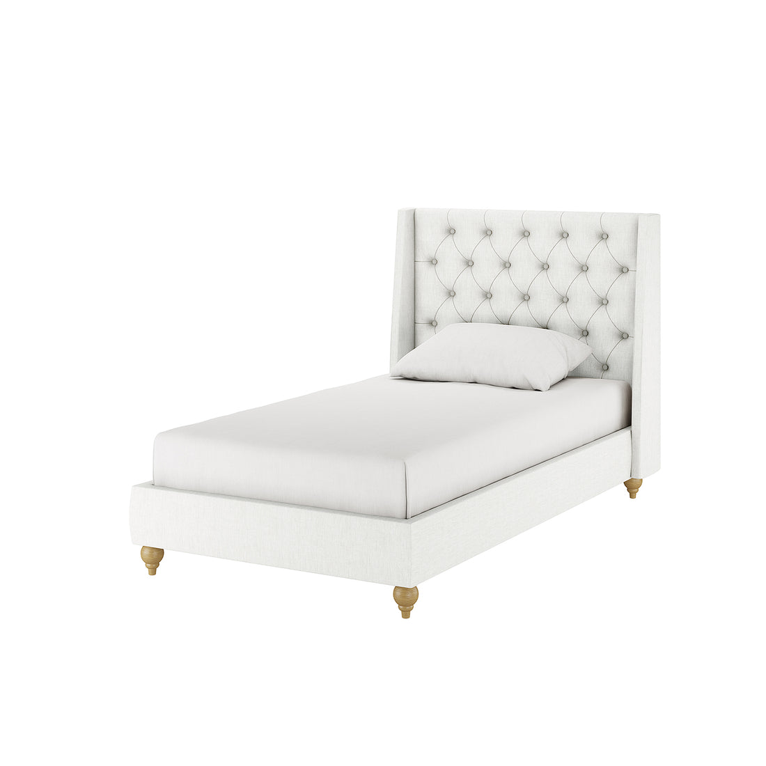 Vilania Tufted Fabric Bed Frame - Single - Off White, featuring a tufted headboard and solid wood frame, displayed with a white pillow on the bed.