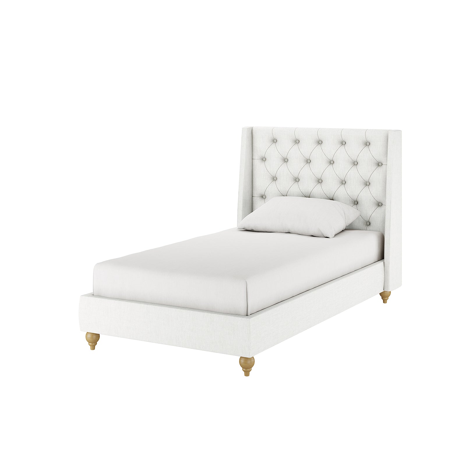 Vilania Tufted Fabric Bed Frame - Single - Off White, featuring a tufted headboard and solid wood frame, displayed with a white pillow on the bed.